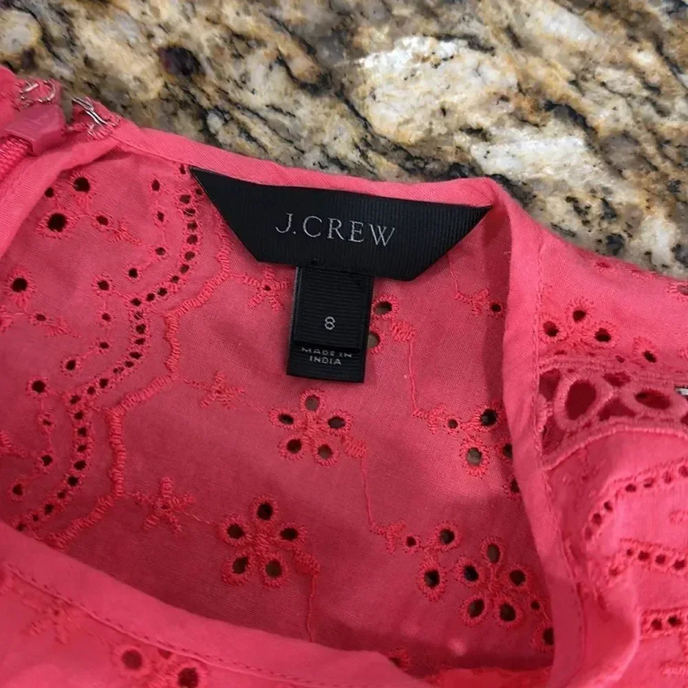 J. Crew Eyelet Embroidery Flutter-Hem Dress In Coral Color Size 8